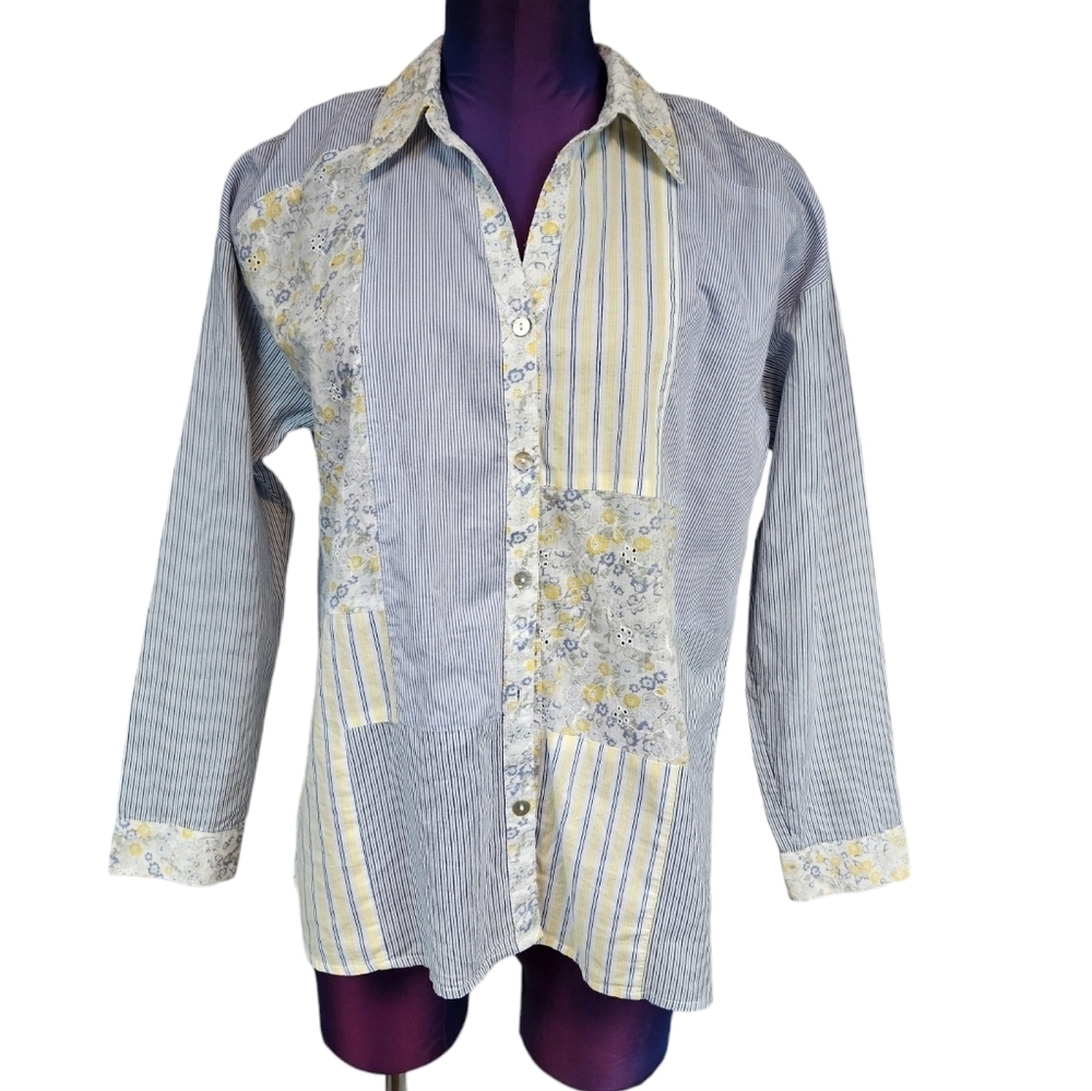 J. Jill Blue & Yellow Patchwork Button Up Blouse Top Size Small Petite F34